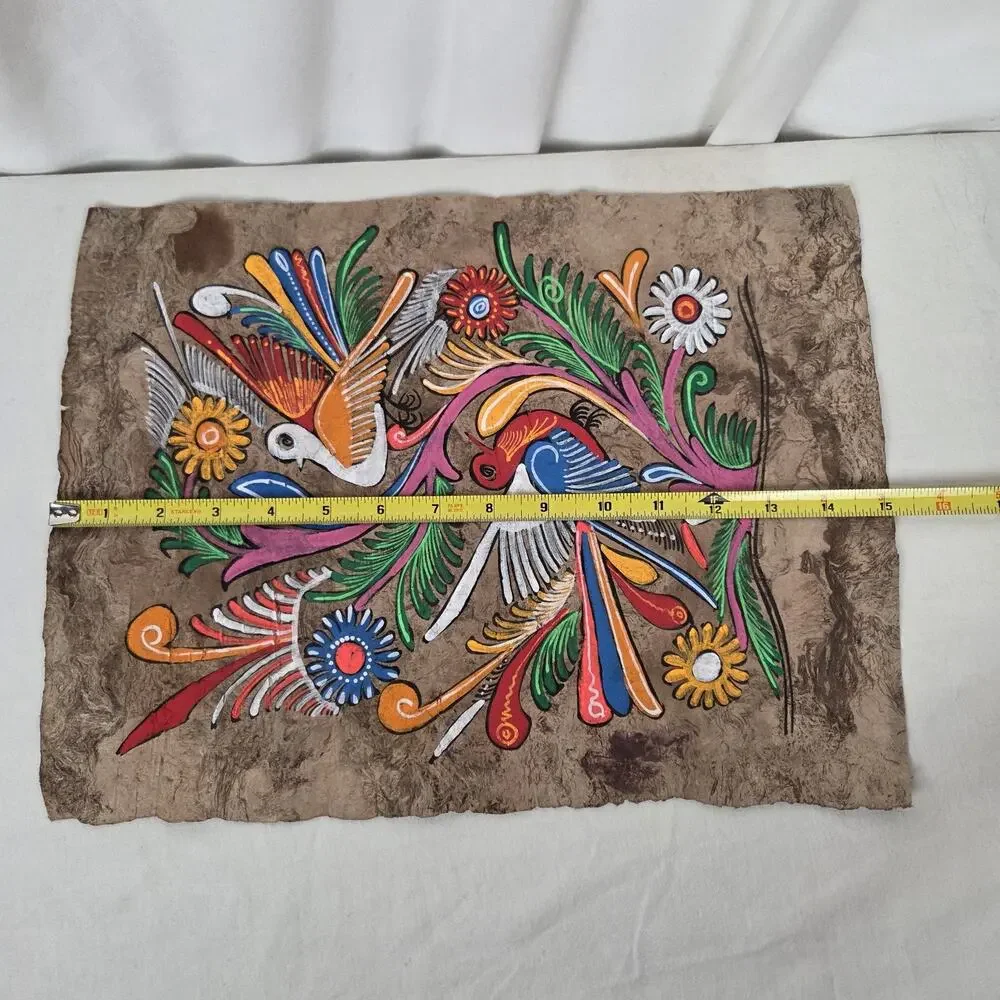 Mexican Hand Painted Folk Art Amate Bark Painting Colorful Birds Flowers Quetzal